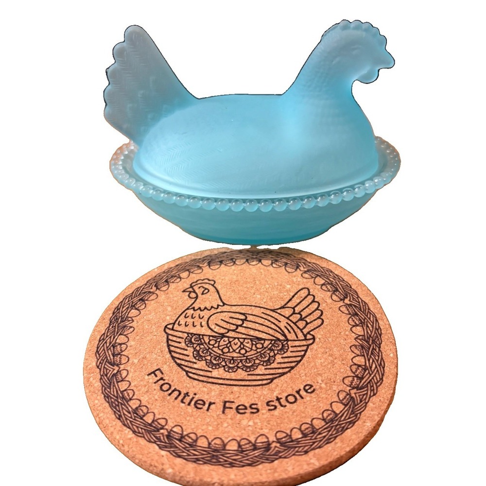 Blue Frosted Glass Hen on Nest Covered Dish Candy Trinket Jewelry Box Beaded Rim - Picture 2 of 7